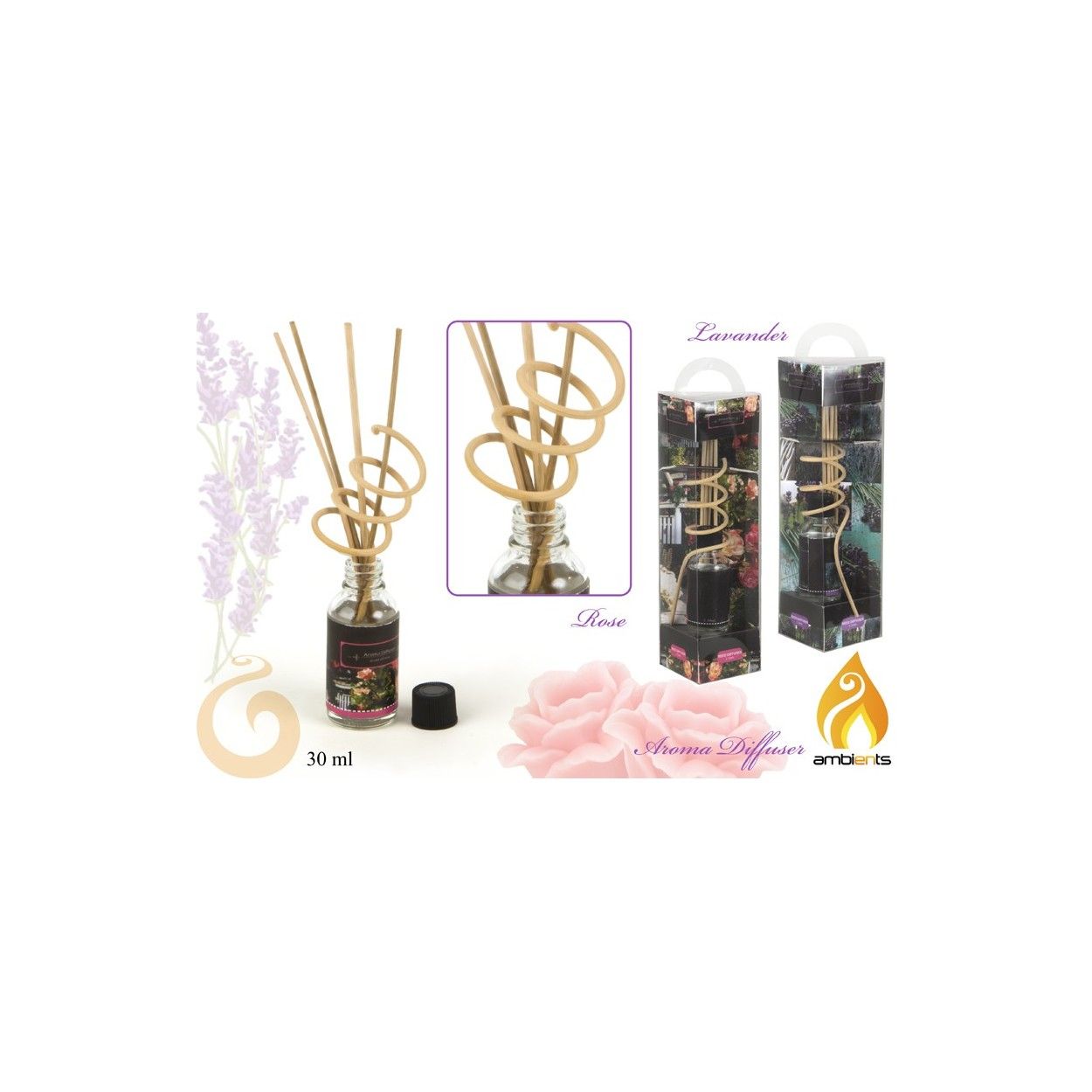 Difusor de aroma en cristal (30 ml). Rosa o lavanda