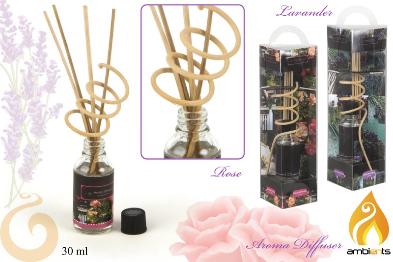Difusor de aroma en cristal (30 ml). Rosa o lavanda