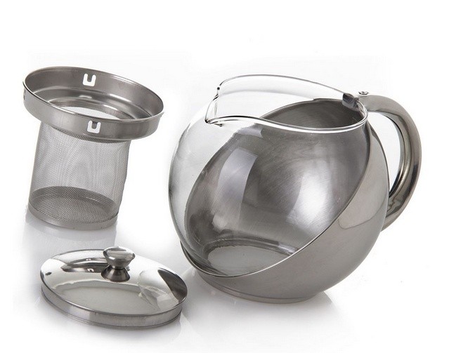 Tetera acero inoxidable/cristal, con asa, 0.9 Litros 