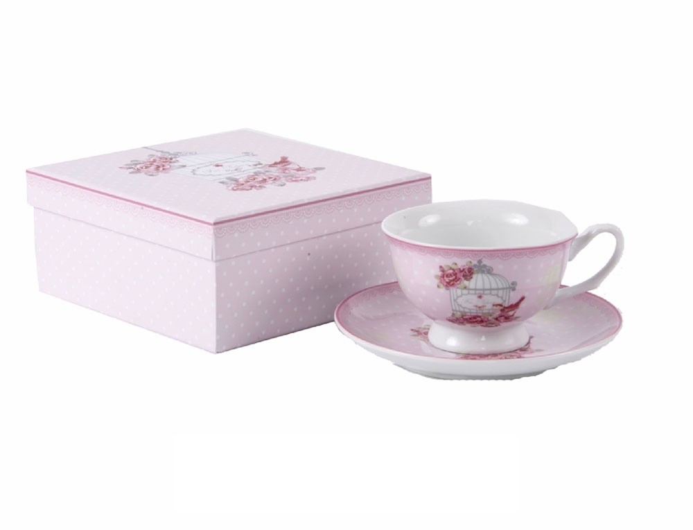 Taza y plato de porcelana con caja de regalo - Modelo jaula