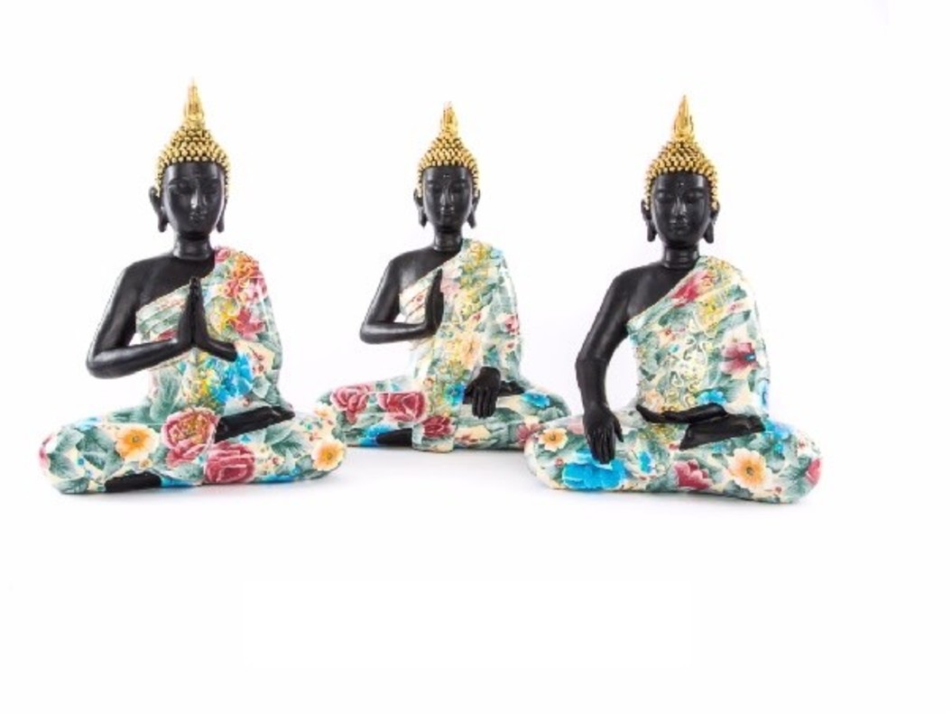 Figura buda sentado - Modelo floral (29x15x41 cm). Resina