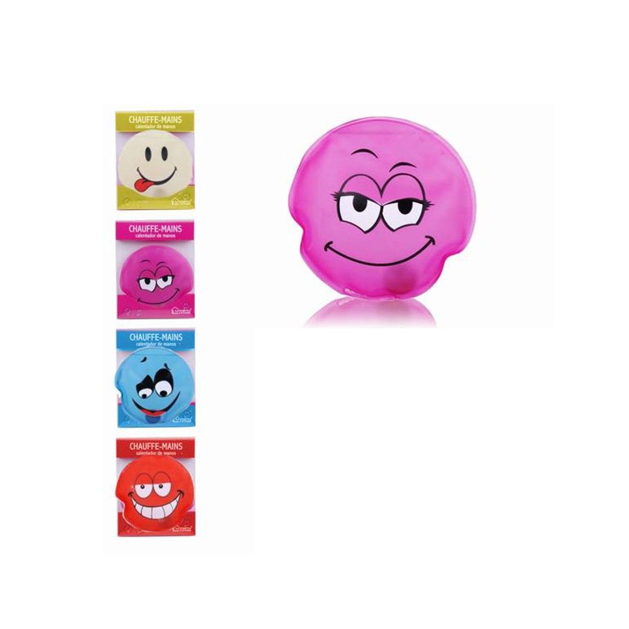 Calienta Manos forma Cara 4 colores (amarillo,rosa,rojo y azul)