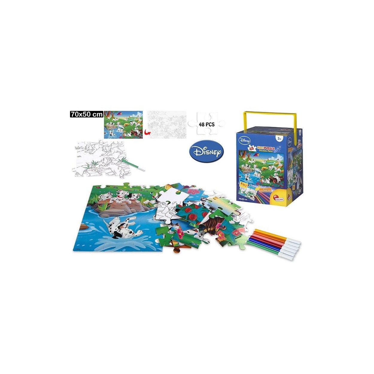 Puzzle de doble cara coloreable - 101 Dálmatas (70x50 cm). 48 piezas