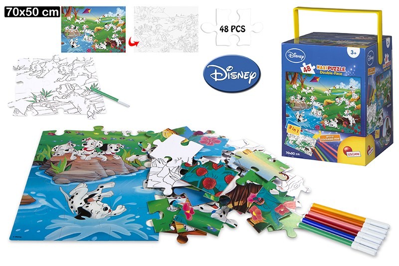 Puzzle de doble cara coloreable - 101 Dálmatas (70x50 cm). 48 piezas