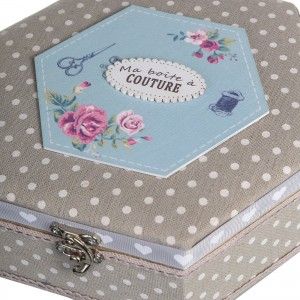 Boîte à couture hexagonale en bois paulonia doublé avec du lin (22,50x20x8)