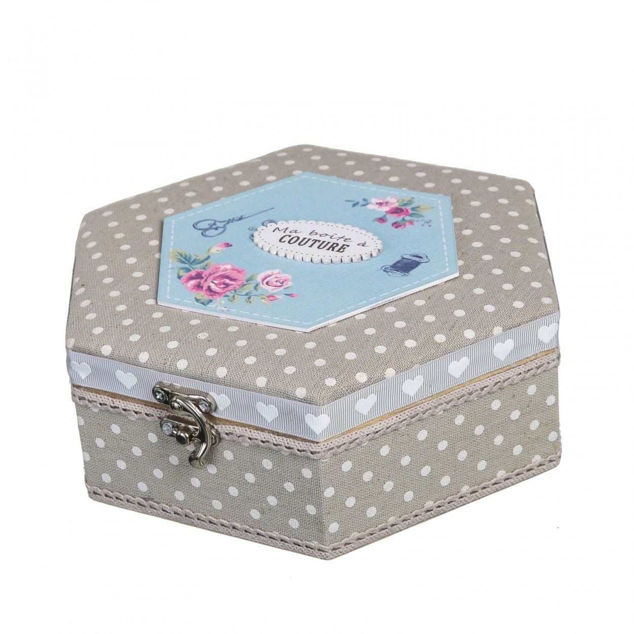 Sewing box hexagonal wooden paulonia lined with linen (22,50x20x8)