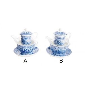 Tetera con taza en porcelana y cristal