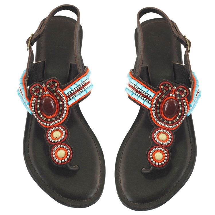 Sandal brown leather with beads