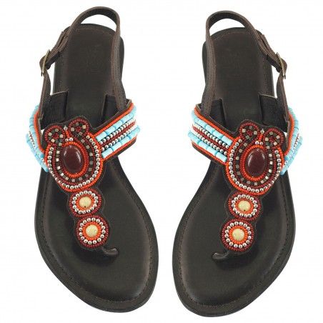 Sandal brown leather with beads