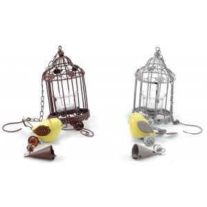 PORTAVELAS COLGANTE DECORATIVO METÁLICO CON JAULA Y PÁJARO 15X110CM