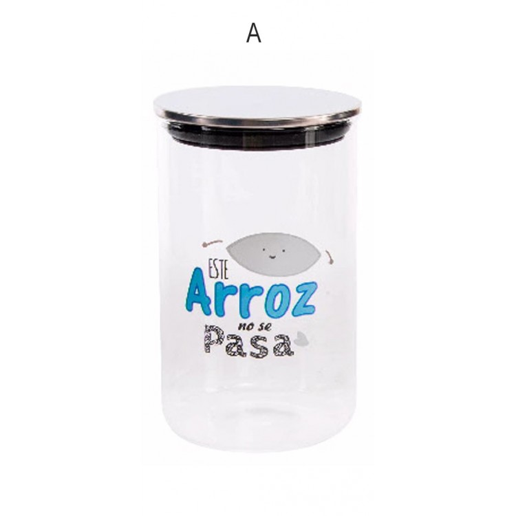 Bote de cristal cilíndrico con tapa de metal cromado, modelo frase