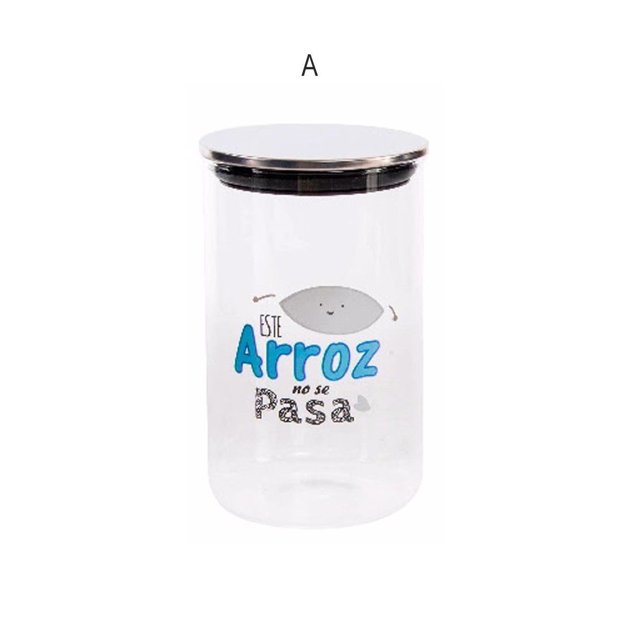 Bote de cristal cilíndrico con tapa de metal cromado, modelo frase