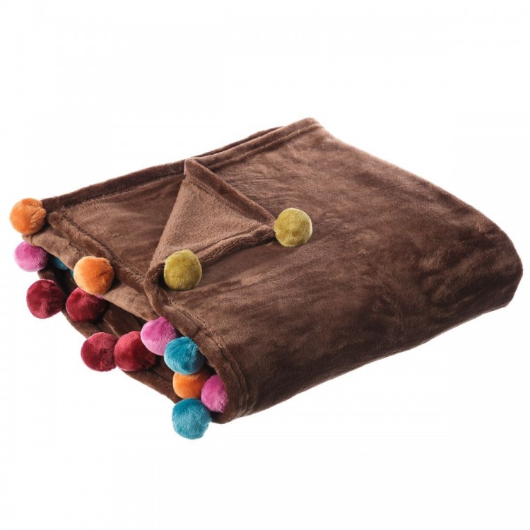Coperta divano marrone, con un tocco di pesca, con pom-pon di colore