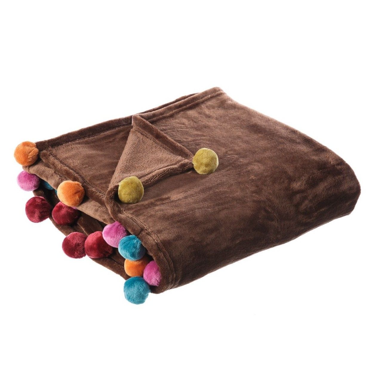 Coperta divano marrone, con un tocco di pesca, con pom-pon di colore