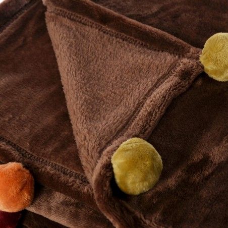 Manta de sofá marrón, tacto melocotón, con pompones de colores