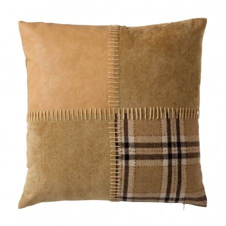 square cushion with filler, beige - brown, fabric patchwork