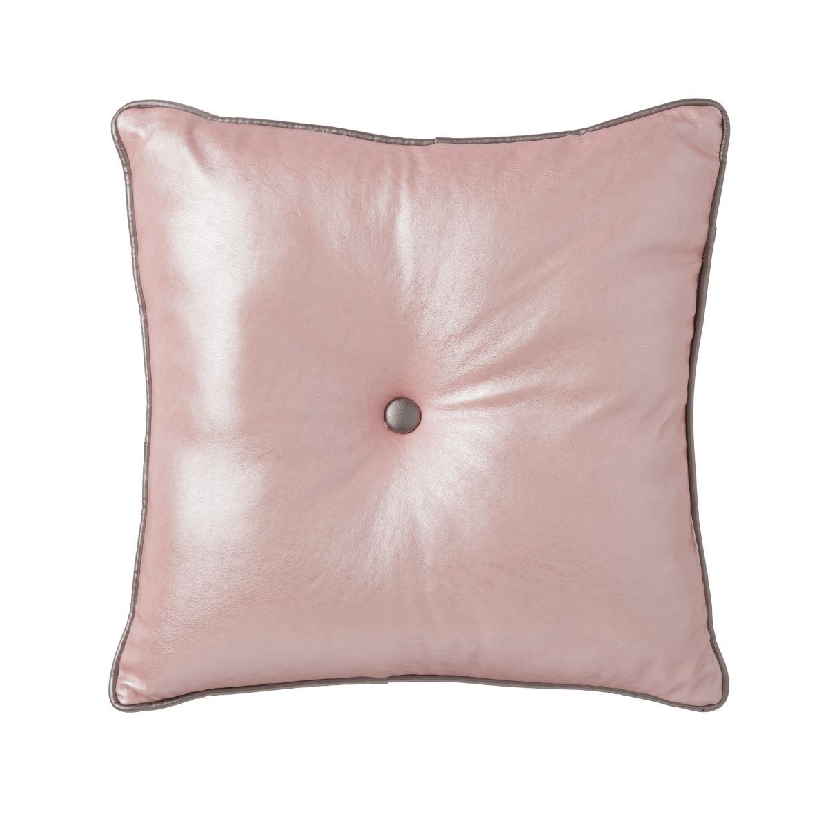Cojín cuadrado con relleno, color rosa, poliester y polipiel.