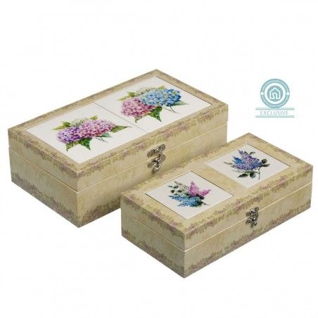 Scatola in legno e ceramica, set di due, motivo floreale