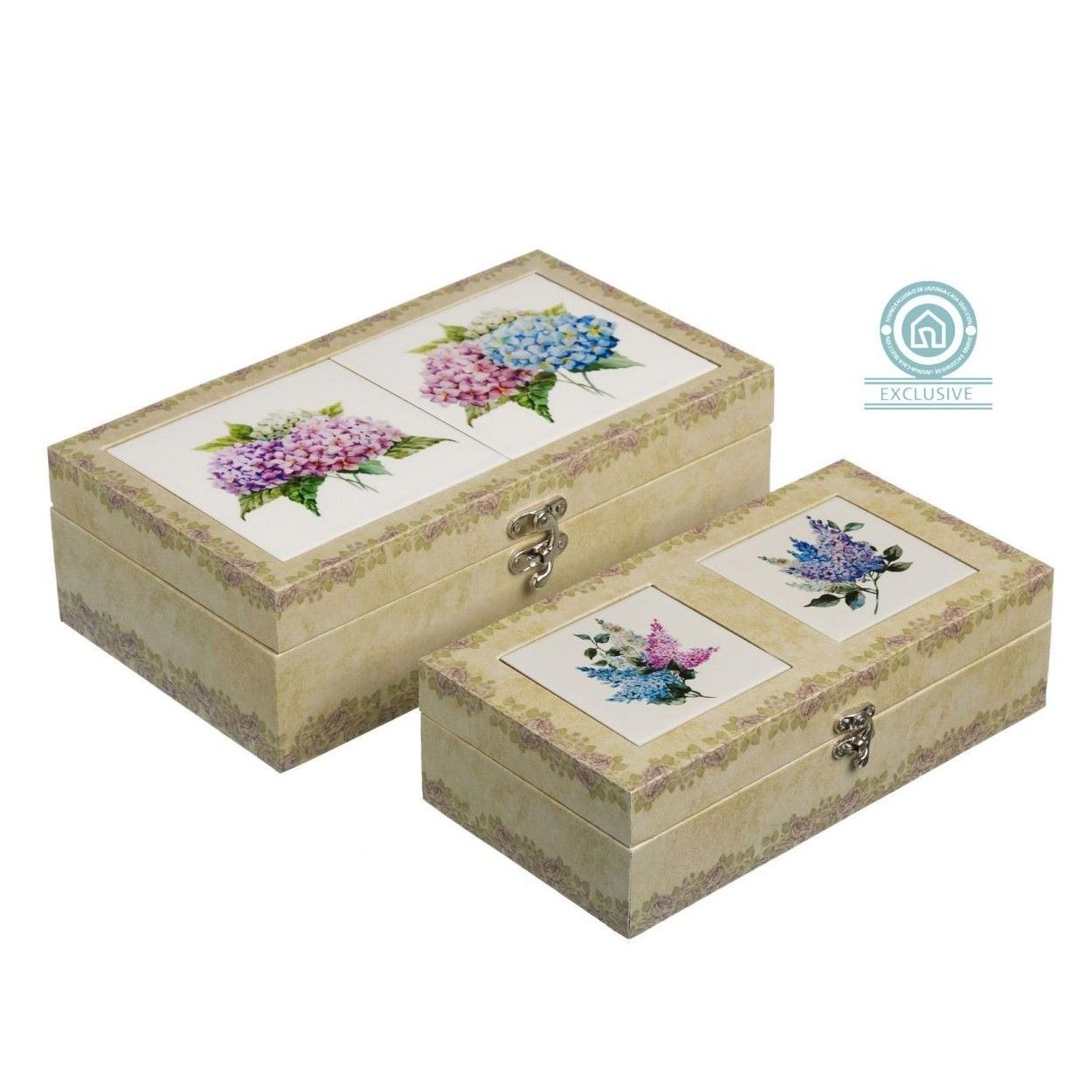 Boîte en bois et en céramique, ensemble de deux, motif floral