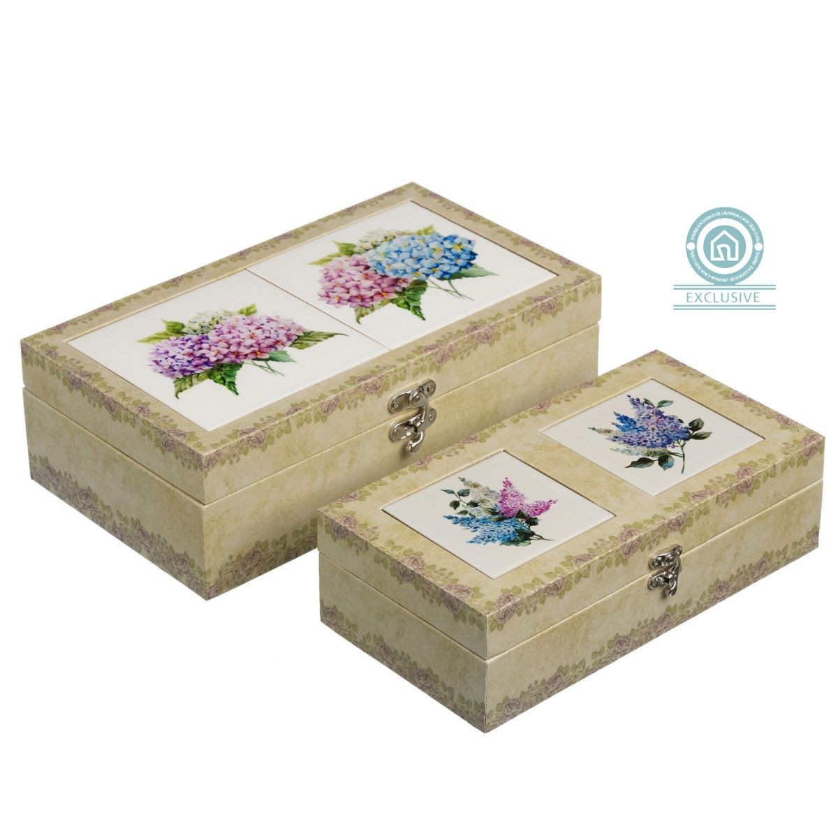 Scatola in legno e ceramica, set di due, motivo floreale