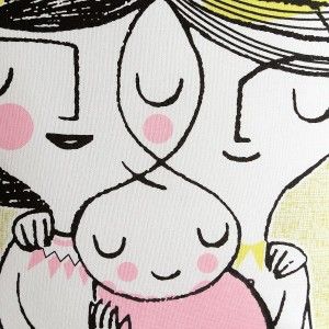 Coussin avec un dessin d'une famille. le jaune et le blanc