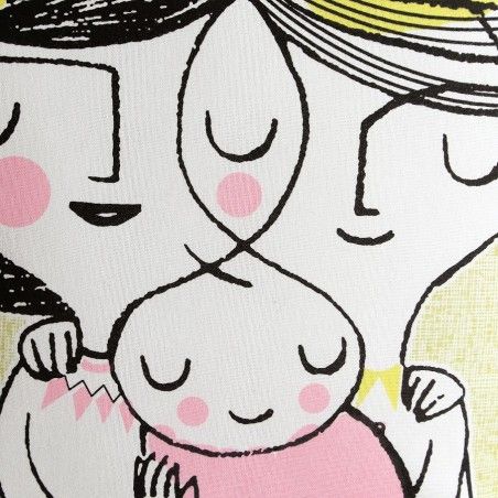 Cushion with a drawing of a family. yellow and white