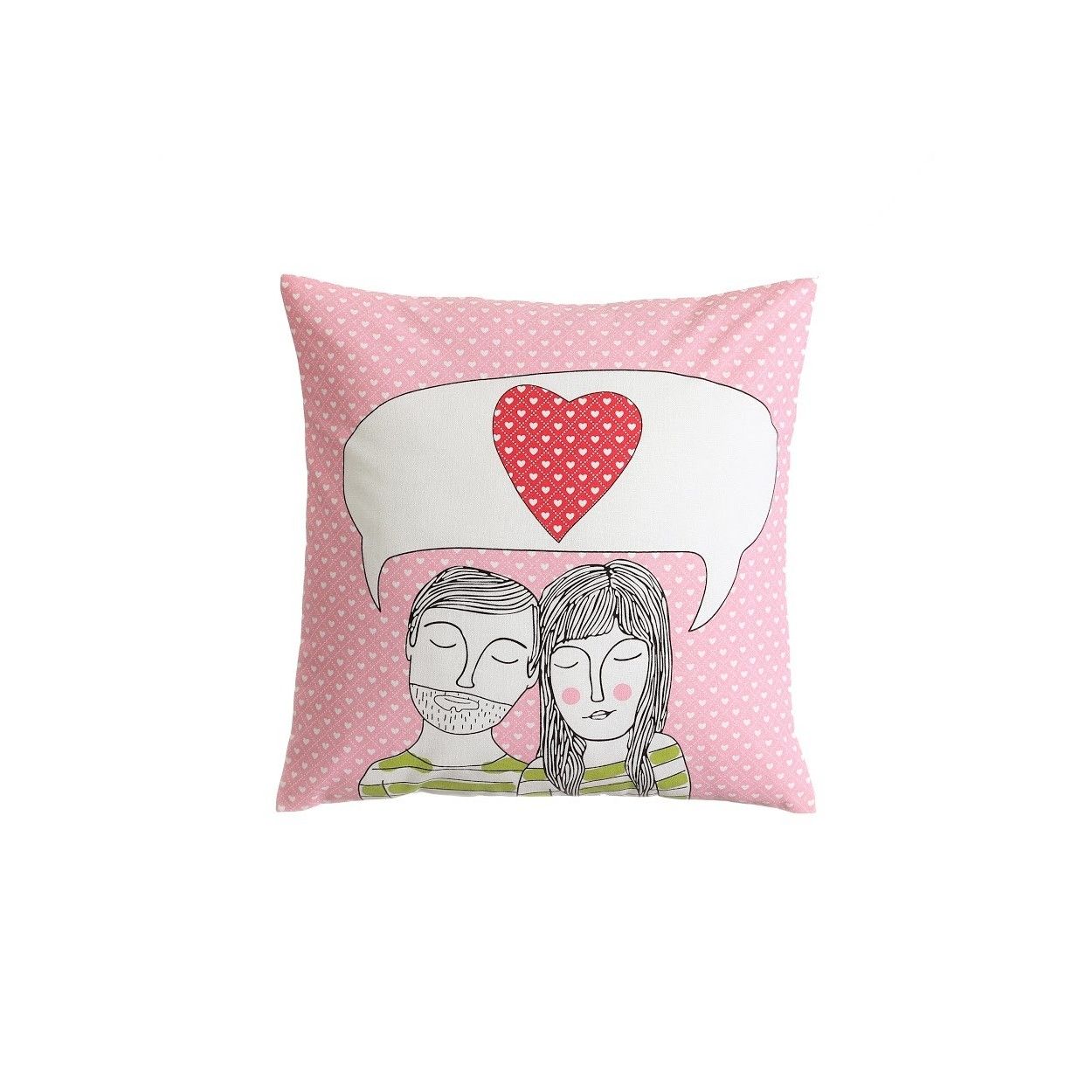 Cojín decorado con el dibujo de una pareja ,color rosa palo
