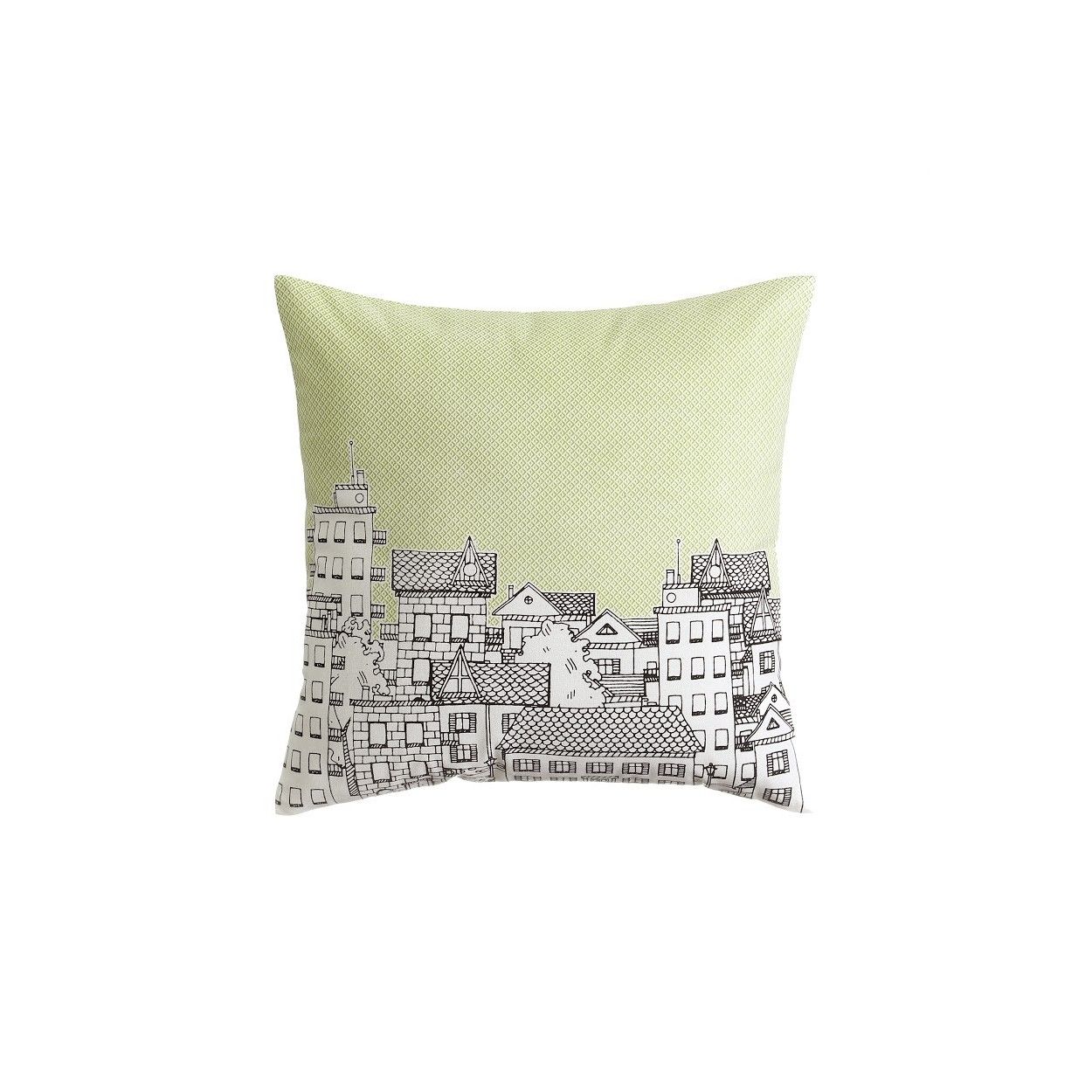 Cuscino decorato con un disegno di una città,verde e bianco