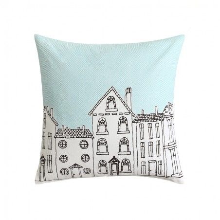 Cushion decorated with a drawing of a city blue and white