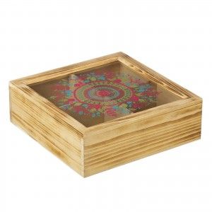 Caja para almacenaje cuatro compartimentos, de pino y cristal decorado