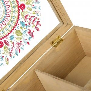 Box for storage of four compartments, pine, and glass decorated