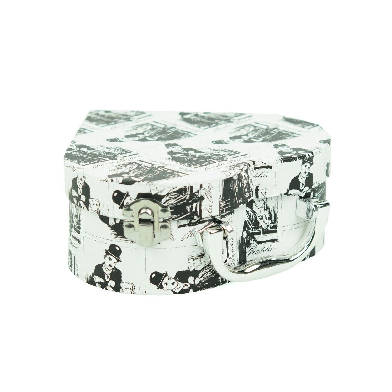 Caja de cartón con forma de corazón y motivos en blanco y negro