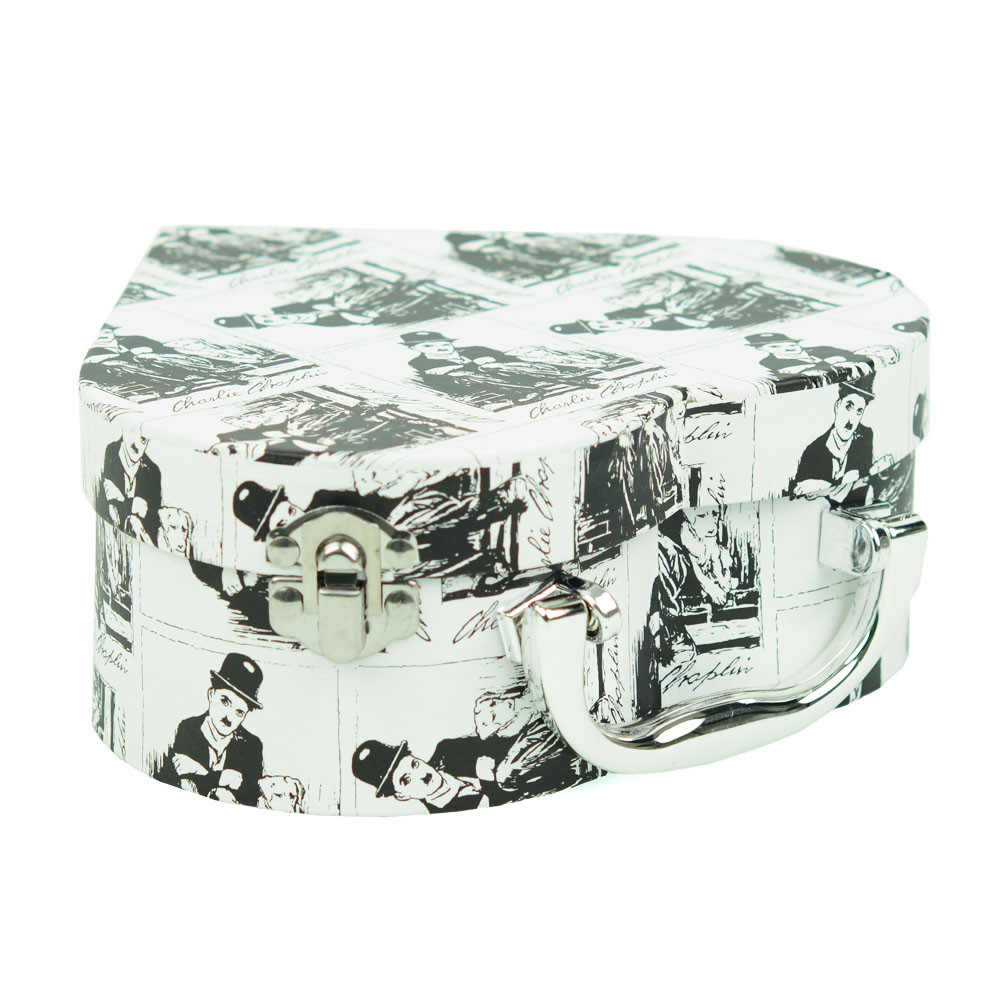 Cardboard box with heart-shaped motifs and black and white