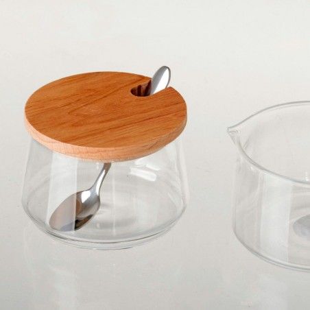 Azucarero-Jarra de Cristal y Madera Natural Diseño Moderno