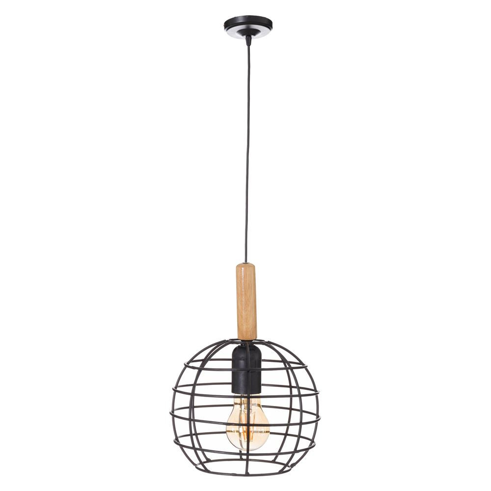 Lámpara de Techo Metal y Madera Natural Negra Diseño Moderno