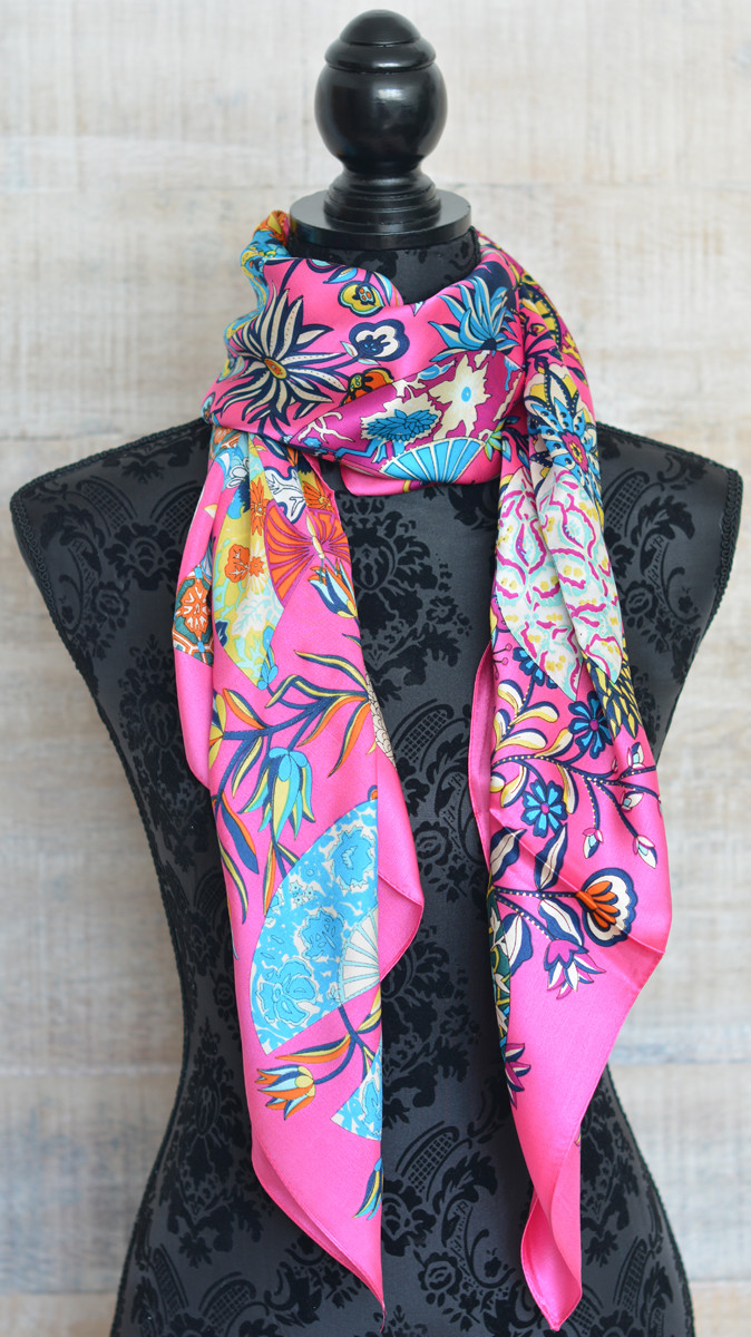 Silk handkerchief 100% natural, model Fans rose, Home and More