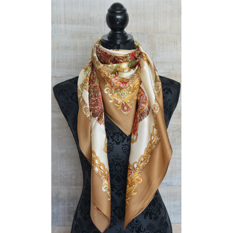 Silk handkerchief 100% natural, model gems beige and red, Home and More