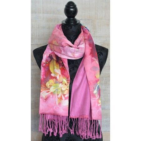 Silk handkerchief 100% natural, with two sides, and fringes, model, bouquet, pink , autumn-winter collection, Household and More