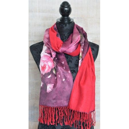 Pañuelo  de seda 100% natural, con dos caras y  flecos, modelo otoño morado-rojo , colección otoño-invierno,  de Hogar y Mas
