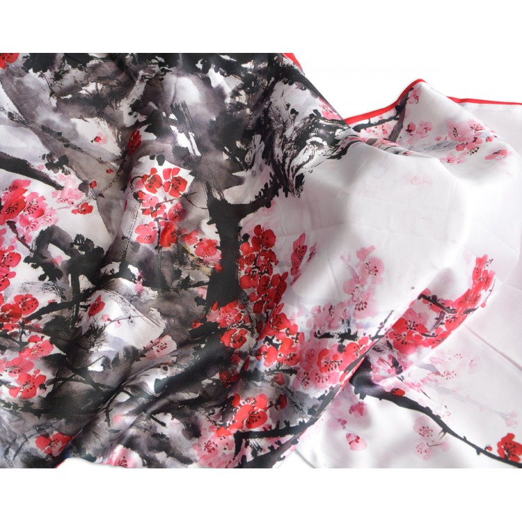 Silk handkerchief 100% natural, with two sides and a fringed model branches red , autumn-winter collection, Household and More