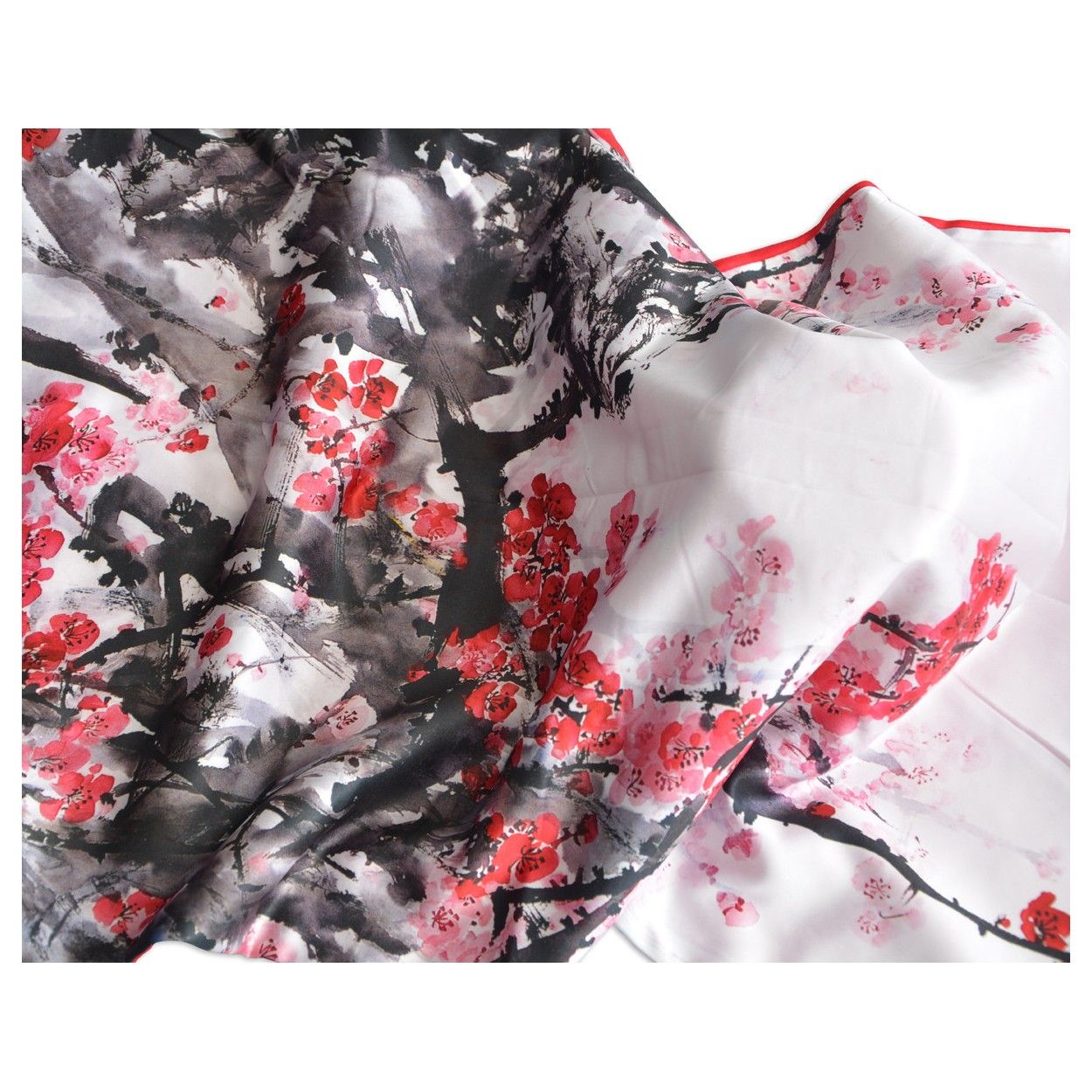 Fazzoletto di seta, 100% naturale, con due lati e frange modello di rami, rosso , collezione autunno-inverno, la Famiglia e Più