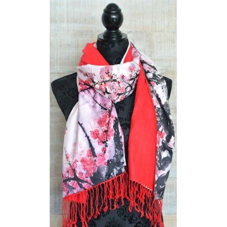 Fazzoletto di seta, 100% naturale, con due lati e frange modello di rami, rosso , collezione autunno-inverno, la Famiglia e Più