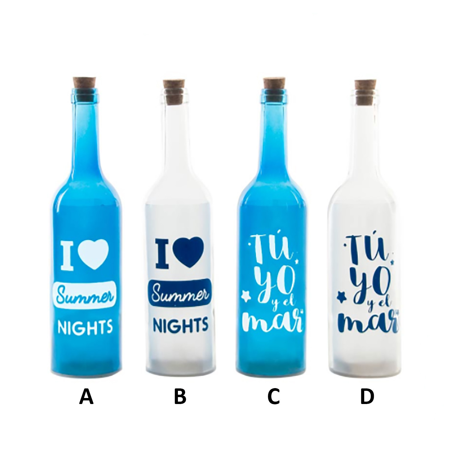 Bottle Blue and White Glass with Five Led Summer Four Models, Home and More 