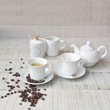 Juego de Café con leche o infusión de Cerámica Blanca seis platos y tazas. Decorado finamente  con motivos suaves florales.
