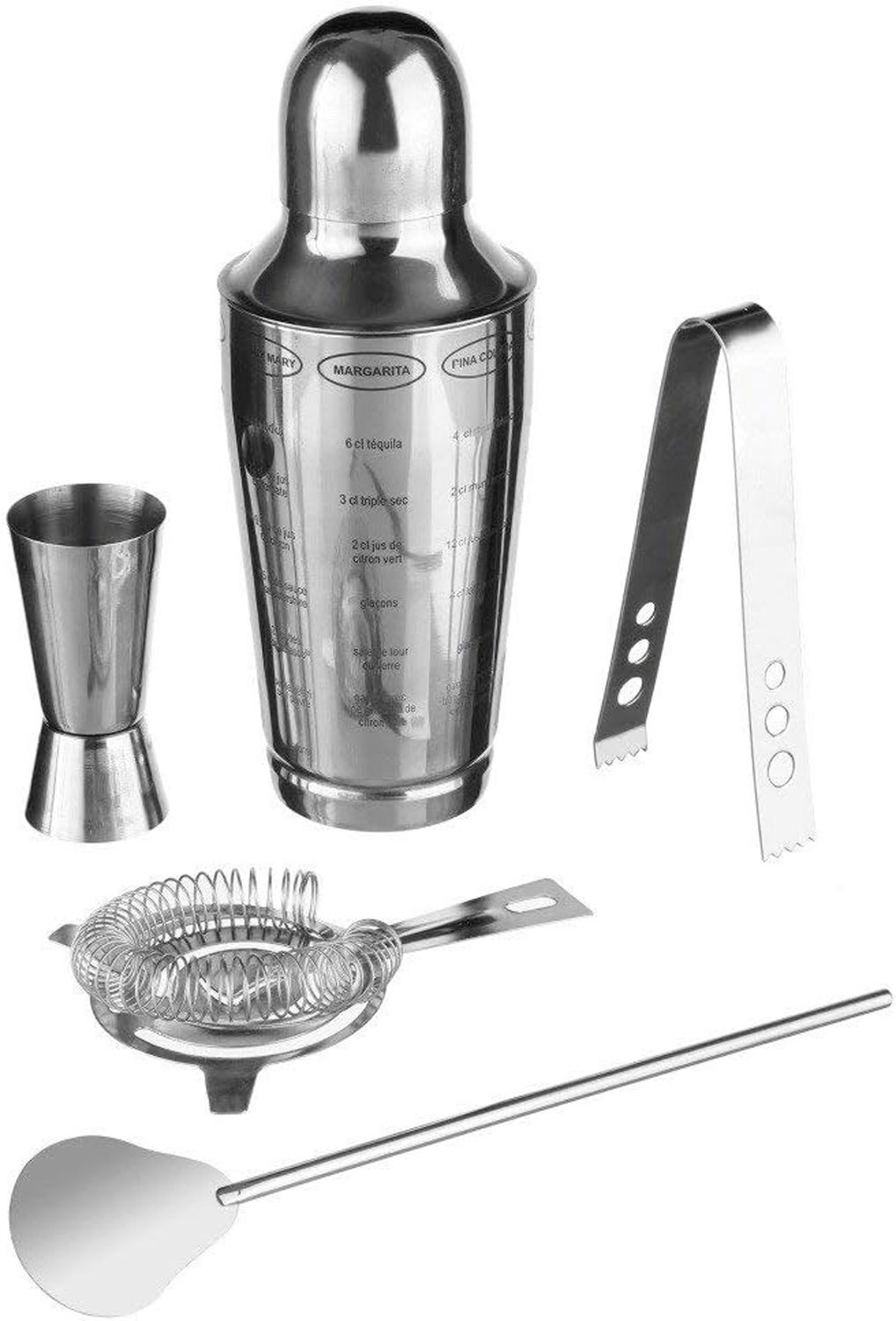 KIT CÓCTEL 5 PIEZAS ACERO CON MEDICIONES