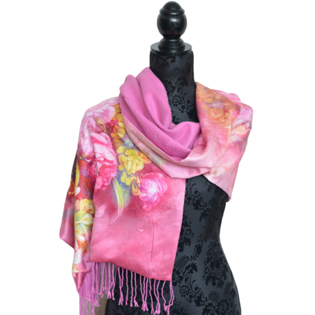PAÑUELO CUELLO MUJER SEDA 100% NATURAL CUATRO ESTACIONES BOUQUET ROSA