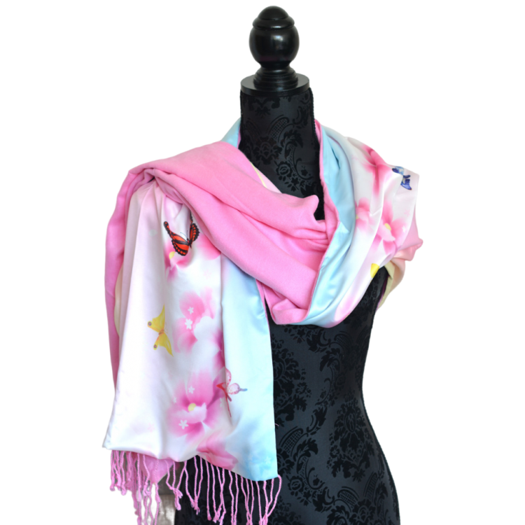 PAÑUELO CUELLO MUJER SEDA 100% NATURAL CUATRO ESTACIONES MARIPOSAS ROSAS