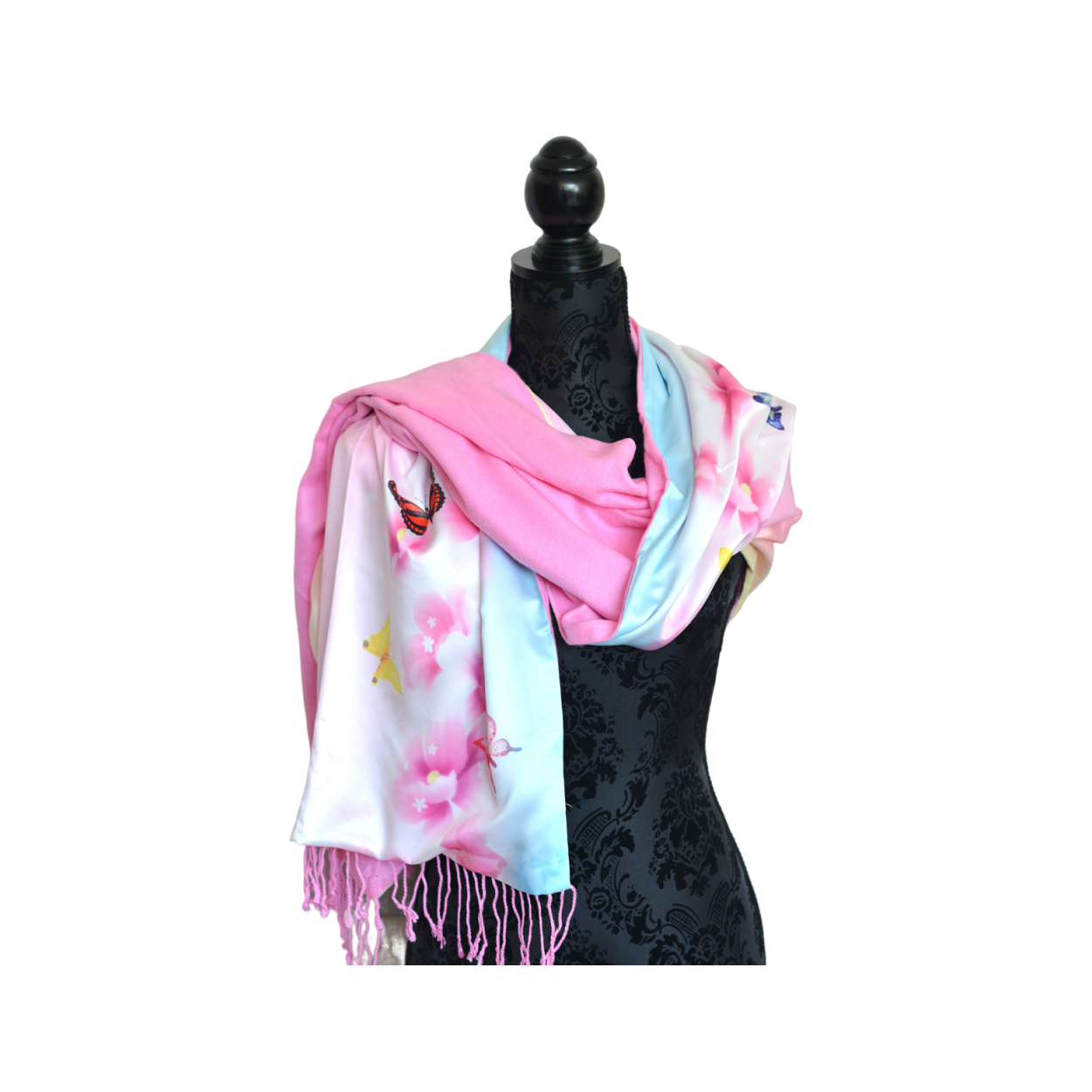 PAÑUELO CUELLO MUJER SEDA 100% NATURAL CUATRO ESTACIONES MARIPOSAS ROSAS