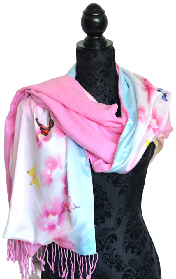 PAÑUELO CUELLO MUJER SEDA 100% NATURAL CUATRO ESTACIONES MARIPOSAS ROSAS
