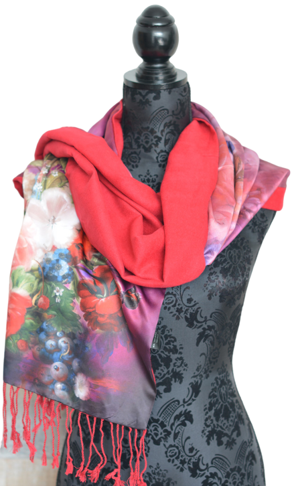 PAÑUELO CUELLO MUJER SEDA 100% NATURAL CUATRO ESTACIONES FLORES MORADO Y ROJO
